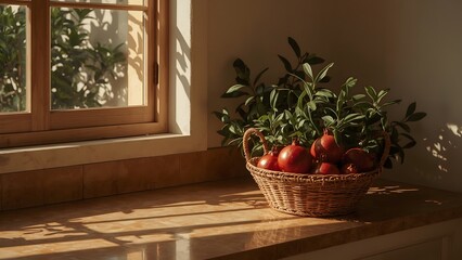 Mediterranean Kitchen with Terracotta Tiles and Pomegranates in Woven Basket by Sunlit Windowsill