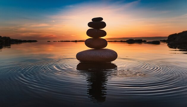 balanced zen stones stacked in calm water at sunset creating ripples and reflection in a meditative scene