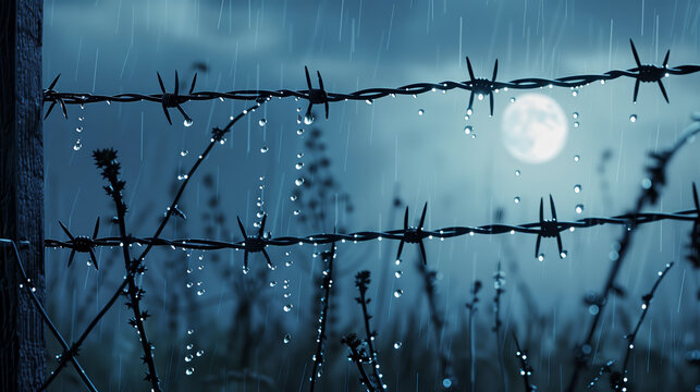 Raven on barbed wire in the rain with full moon in background