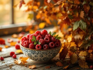 Tranquil Bowl of Raspberries - Autumn Foliage