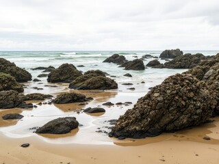 Tranquil Beach Scene at Low Tide with Rocks