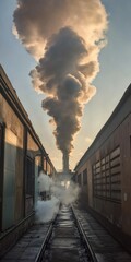 Industrial scene with billowing smoke.