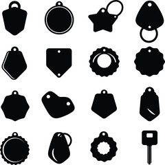 Blank Tags and Keychain Vector Silhouettes, Diverse Customizable Label Shapes, Modern Promotional Accessory Templates and Key Fob Designs Collection.