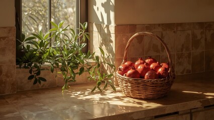 Mediterranean Kitchen with Terracotta Tiles and Pomegranates in Woven Basket by Sunlit Windowsill
