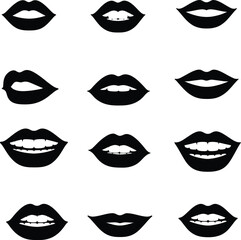 Expressive Black Lips Silhouettes: Diverse Mouth Shapes for Beauty, Fashion, Communication, and Pop Art Designs – Isolated Vector Collection on White.