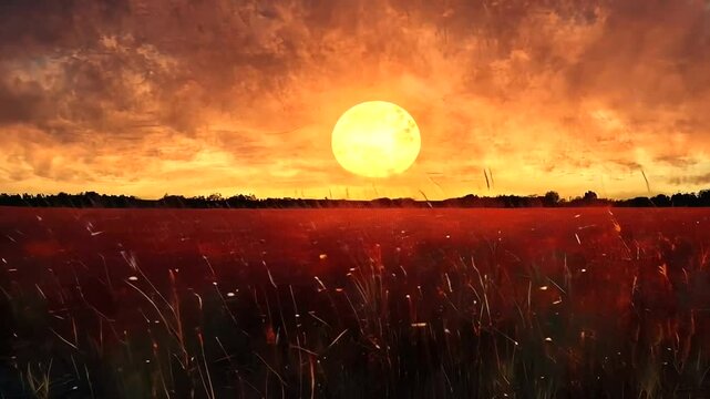 Fiery Field Sunset Golden Orb Illuminates Grasses