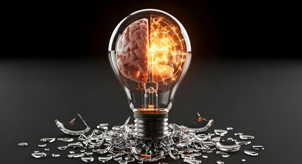 Brilliant human mind ignites within a broken light bulb, symbolizing innovative thought and discovery.