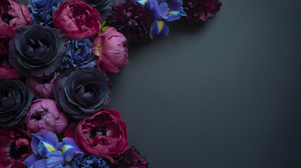 Elegant dark floral arrangement with copy space on right side