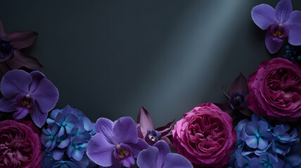 Dark floral background with purple and pink flowers in soft spotlight