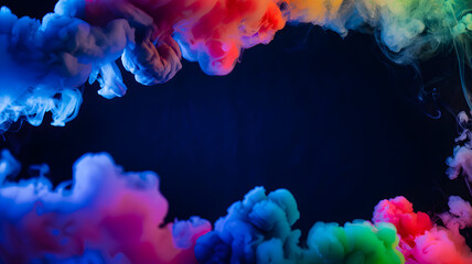 Colorful ink clouds forming abstract frame on dark background