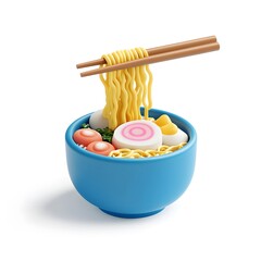 Stylized depiction of ramen noodles in a bowl with chopsticks.