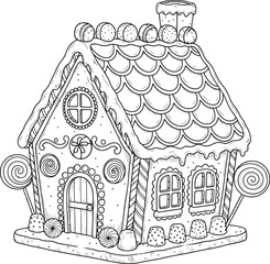 Naklejka premium Black and white line drawing of a decorated gingerbread house with candy christmas holiday