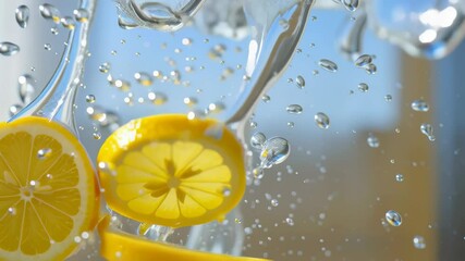 Lemon slices splash in water creating refreshing and vibrant scenes - Powered by Adobe