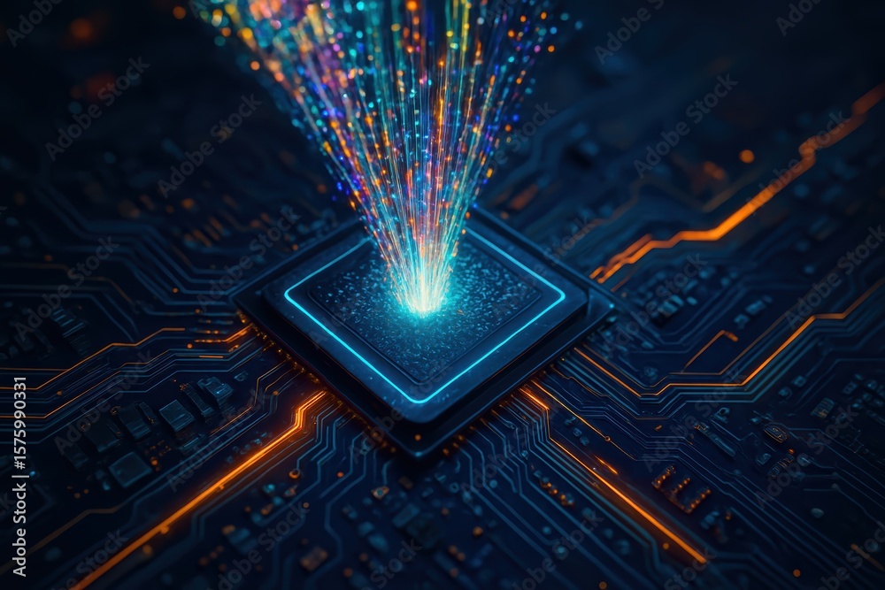 Poster colorful data stream emanates from central processing unit on futuristic circuit board