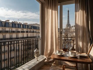 Cozy Parisian Apartment View with Coffee Cup on French Balcony and Flowing Sheer Curtains (