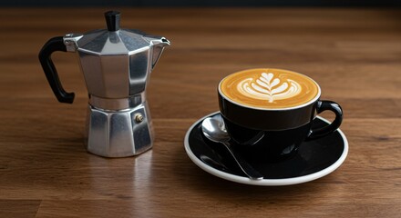 A moka pot and a cup of latte art on a black saucer with a spoon on a wooden table surface