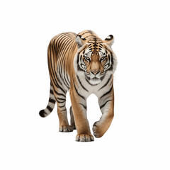 Obraz premium Tiger's Assertive Stroll: A solitary tiger strides purposefully, its eyes locked forward, showcasing the regal presence of this captivating big cat in a moment of power and grace.