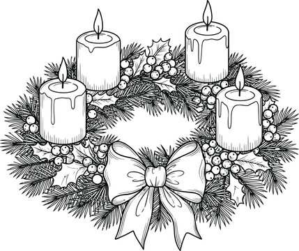 Black and white sketch of a Christmas wreath with four candles and a bow advent wreath burning candles