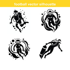 Diver,Underwater Diving,Black silhouette of a scuba diver wearing a wetsuit swimming underwater vector art,