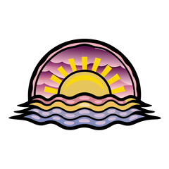 Isolated vector image of sun rising over water in comic book style, pop art, on a transparent background