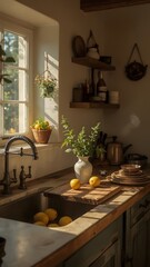  Bright Sunlight Illuminating Fresh Lemons on Rustic Wooden Kitchen Countertop