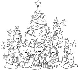 Fototapeta premium Children wearing reindeer pajamas drink hot chocolate around a Christmas tree kids
