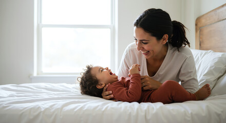 Smiling mother tickling laughing toddler on white bed. Playful family interaction in sunny bedroom. Joy and bonding concept. Parenting services, baby care products horizontal banner