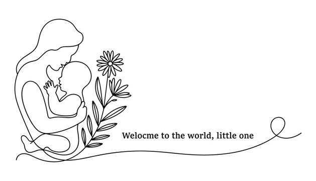 Minimalist Line Art Mother and Baby Illustration - New Arrival Welcome Graphic