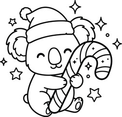 Obraz premium Cute koala wearing a santa hat holding a candy cane surrounded by stars christmas