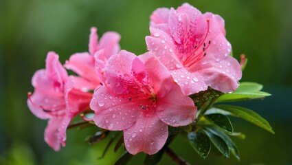Fototapeta premium Delicate Pink Azalea Flowers with Fresh Dewdrops on Petals Captured in Lush Greenery, Highlighting Nature's Beauty and Floral Elegance.