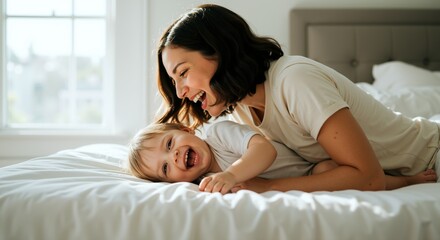 Mother playing with laughing toddler on white bed in bright bedroom. Happy family bonding moment with woman tickling child. Joy and maternal love concept