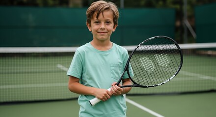 Boy in mint green shirt holding tennis racket on court. Child with sports equipment ready for training. Youth tennis and active lifestyle concept