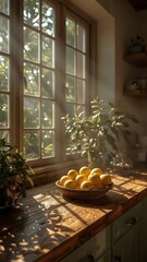  Bright Sunlight Illuminating Fresh Lemons on Rustic Wooden Kitchen Countertop