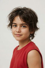 Confident Young Boy in Red Tank Top with Tousled Hair on White Background