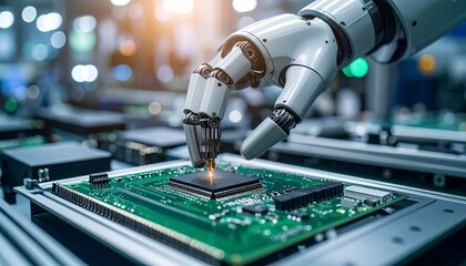 Robotic hand connecting microchip on flexible circuit board in green and gray industrial environment, dynamic tilted composition.