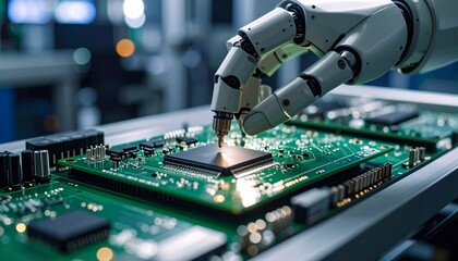 Robotic hand connecting microchip on flexible circuit board in green and gray industrial environment, dynamic tilted composition.