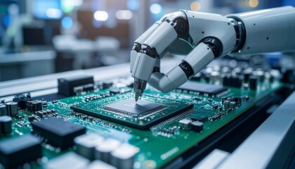 Robotic hand connecting microchip on flexible circuit board in green and gray industrial environment, dynamic tilted composition.