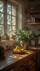  Bright Sunlight Illuminating Fresh Lemons on Rustic Wooden Kitchen Countertop