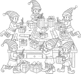 Six cartoon elves in striped hats wrapping Christmas presents on a wooden table vector