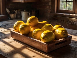  Bright Sunlight Illuminating Fresh Lemons on Rustic Wooden Kitchen Countertop