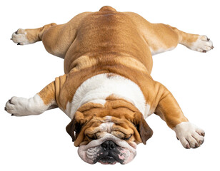 Top View of English Bulldog Sleeping Flat on Stomach, isolated on transparent background.