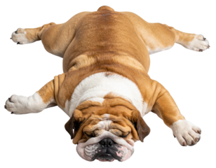 Top View of English Bulldog Sleeping Flat on Stomach, isolated on transparent background.
