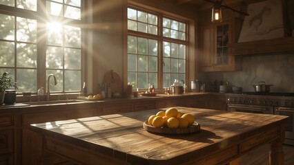  Bright Sunlight Illuminating Fresh Lemons on Rustic Wooden Kitchen Countertop