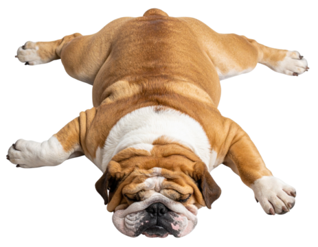 Top View of English Bulldog Sleeping Flat on Stomach, isolated on transparent background.