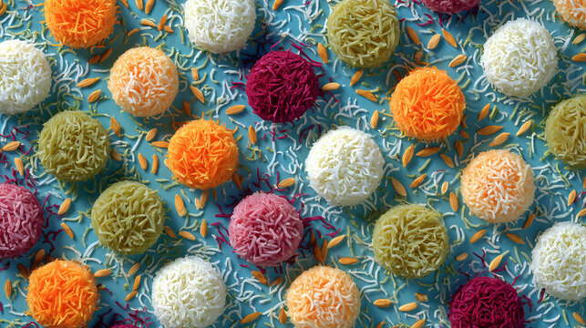 Getuk lindri with grated coconut, colorful pattern, flat lay