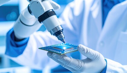 Robotic hand adjusting nano microchip in sterile blue-white lab using microscopic tools, macro view with shallow focus blur.