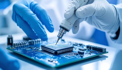 Robotic hand adjusting nano microchip in sterile blue-white lab using microscopic tools, macro view with shallow focus blur.