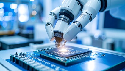 Robotic hand adjusting nano microchip in sterile blue-white lab using microscopic tools, macro view with shallow focus blur.