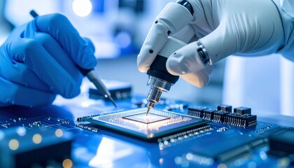 Robotic hand adjusting nano microchip in sterile blue-white lab using microscopic tools, macro view with shallow focus blur.