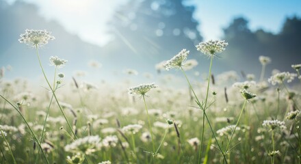 White wildflowers blooming in natural meadow with soft bokeh background and golden sunlight. Delicate Queen Anne's lace creating peaceful garden. Flower seeds, gardening supplies, landscaping service